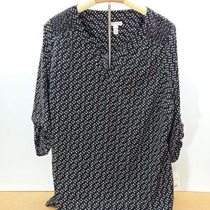 Croft & Barrow Black & White Dotted Print 3/4 Roll-tab Sleeved Blouse, Size 1X